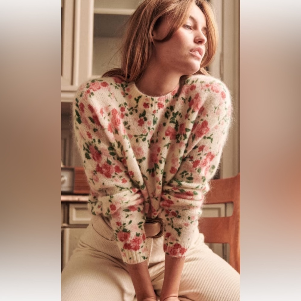 NWT SEZANE Amaya Wool Floral Jumper ecru multi S mohair - Picture 3 of 10